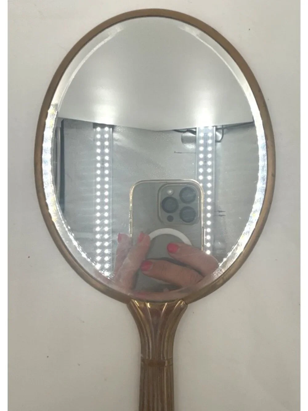 Vintage Handheld Vanity Mirror With Gold Floral Design & Green Enamel Back